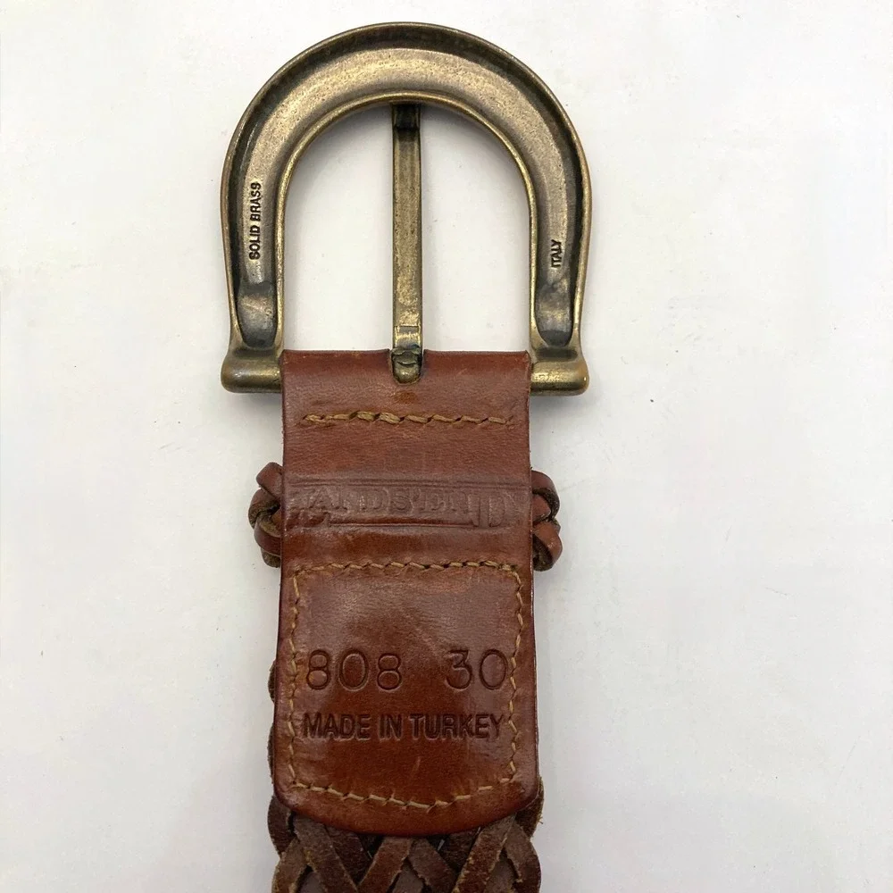 Vtg Lands End Brown Braided Woven Leather Belt Solid Brass Buckle
